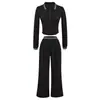 Sudadera de Moda Ajustada con Cuello Polo y Manga Larga para Mujer, Moda Versátil, Pantalones de Pierna Ancha de Tiro Alto Hasta el Suelo, Conjunto Casual