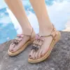 Sandalias planas romanas de dedo para mujer 2026 con lazo de pedrería y hebilla de una sola tira, zapatos de verano para mujer para combinar con faldas, tacón plano