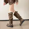 Botas Retro Arrugadas Apiladas para Mujer, Versión de Piel de Vaca, Botas Largas Hasta la Rodilla para Pantorrilla Ancha, Adelgazantes, Versátiles, Tacón Grueso, Botas de Caballero de Caña Alta