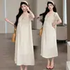 Vestido de Maternidade Xmf, Novo Estilo de Verão, Vestido de Corte A com Bordado Delicado em V, Manga Curta, Vestido Longo Estilo Francês para Gravidez, Adequado para Usar por Cima
