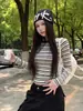 Camiseta de manga larga a rayas retro americana para mujer, camiseta básica de algodón puro para otoño, corte ajustado, favorecedora, camiseta de hombro normal para mujer