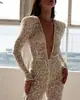 Moda de Primavera y Verano de Comercio Exterior Nueva Estación Independiente para Mujer Cuello en V Sexy Salpicado de Oro Manga Larga Pantalón Largo Mono Sexy
