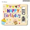 Tarjeta de felicitación de madera creativa para cumpleaños, clip para dinero con patrón de pastel y globo de colores, tarjeta de regalo de madera, pieza de madera para decoración de escritorio