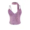 Camisole de Gola V com Bolinhas Estilo Americano e Alças Finas para Mulheres, Top Curto Elegante de Verão Slim-Fit sem Costas com Bojos