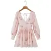 Vestido curto estampado estilo romântico francês, plissado, decote V, manga longa, cintura ajustada, afina a silhueta, saia em camadas para mulheres