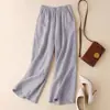 Calças de Algodão Lavado Wide Leg para Mulheres, Novo Estilo de Verão, Finas, Tamanho Plus, Caimento Solto, Calças Casuais Cropped, Calças de Cintura Alta Reta