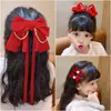 Grampo de Cabelo Laço Acessório de Cabelo para Meninas, Presilha de Cabelo Vermelha para Trás da Cabeça, Grampo de Cabelo de Ano Novo para Meninas, Ornamento de Cabelo de Fita Infantil