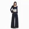 Pantalones casuales para mujer transfronterizos, pantalones largos de mezclilla azul plisados de pierna ancha estilo ropa de trabajo retro americano, pantalones de paracaidista extendidos de mezclilla azul, algodón