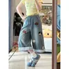 Shorts Jeans Xadrez Bordado Estilo Retrô Americano Feito Sob Medida de Fábrica para Mulheres, Calças Retas Largas de Verão 2026
