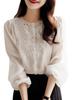 Camisa Elegante de Estilo Francés con Posicionamiento de Bordado Elegante Cuello Redondo Manga Larga Top Manga Farol Camisa de Protección Solar para Mujer Primavera y Verano