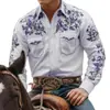 Camisa masculina nova de manga comprida europeia e americana transfronteiriça, estilo western, estampa digital, dois bolsos, gola lapela, roupa masculina confortável