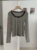 Camiseta de Manga Larga con Rayas de Bloques de Color y Cuello en U KEKEZOON para Mujer Otoño Delgado Capa Base Superior 9176