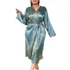 Roupão Grande de Banho Estilo Europeu e Americano Transfronteiriço Feminino Sexy Estampado Seda Artificial Camisola de Noite Seda Gelada Roupa de Casa Feminina Camisola de Noite