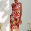 2026 Novo Cruzamento Europeu e Americano Primavera/Verão Francês Casual Elegante Floral Gola Halter Sem Mangas Slim Vestido