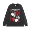 Camiseta estampada de personagem de anime com efeito desgastado, tecido pesado, lavada, ombros caídos, oversized, bidimensional, street, casual, manga curta, manga longa