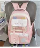 Mochila colorida com bordado de gato de desenho animado, fresca e doce, com blocos de cor e bolinhas, para alunos do ensino fundamental II e médio, bolsa escolar fofa e leve
