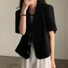 Traje Feminino Estilo Coreano Simples e Fashionável de Três Botões com Manga Curta Jaqueta Curta Chic Coreano Elegante Fino Traje de Alta Qualidade
