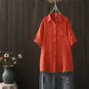 Camisa Nueva de Manga Corta de Verano Estilo Bosque Doble Capa Hilo de Algodón Top para Mujer Estampado Solapa Casual Talla Grande Camisa 63633
