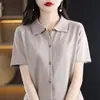 Cardigan camisa elegante de color liso con solapa estilo coreano, suelto, adelgazante, para commuting, algodón, camiseta de punto de manga corta para mujer