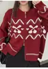 Cardigan de Tricô Jacquard em Cashmere da Fair Isle para Mulheres, Outono e Inverno, Gola Redonda, Zíper Espessado, Jaqueta de Lã
