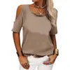 Moda Casual para Mujer de Color Sólido Hombros Descubiertos Holgada Camiseta de Manga Corta para Mujer, Primavera y Verano 2025, Europea y Americana, Transfronteriza, Amazon, Wish