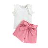 Ropa infantil Baoxi comercio exterior Sudeste Asiático y Europa estilo coreano manga de encaje chaleco de algodón suave camiseta + pantalones cortos cinturón traje de tres piezas para niñas