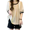 T-shirt Top Verão Novo Patchwork Color Block Manga Bufante Feminino Plus Size Gola Redonda Moda Emagrecedor Manga Curta