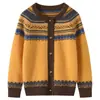 Cárdigan de punto de cachemira para niños de otoño e invierno, con estilo étnico retro y patrón Fair Isle, una suave prenda exterior de cachemira para niños mayores