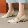 2026 Novo Modelo Sapatos de Salto Alto Versáteis de Couro Genuíno de Ovelha Branca para o Trabalho, Sapatos de Salto Bloco Quadrados Elegantes com Bico Quadrado