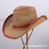 Sombrero vaquero de paja tejida con diseño calado estilo retro americano para hombre y mujer, sombrero vaquero versátil para protección solar de verano