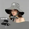Nuevo Sombrero de Pescador a Cuadros con Cordones Estilo Coreano Ins para Mujer, Sombrero de Sol de Ala Ancha de Doble Cara para Viajes al Aire Libre en Verano