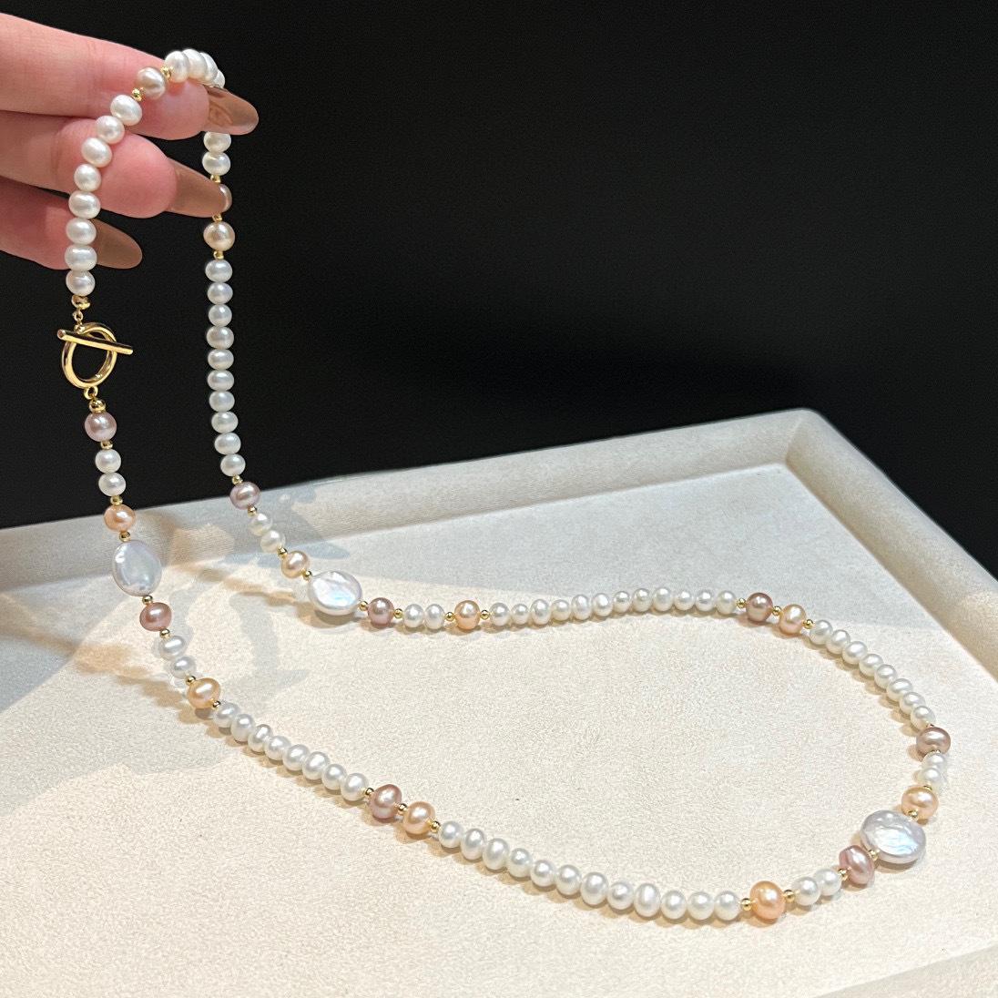 时尚百搭天然淡水珍珠项链女彩色串珠小众OT扣高级感