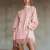 2025 Nuevo Sitio Independiente Transfronterizo Europeo y Americano Vestido de Manga Larga Suelto Retro de Gamuza con Cuello Alto y Bolsillo con Borla