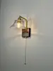 Lámpara de Pared para Casa de Huéspedes Estilo Wabi-Sabi de Madera de Nogal Vintage, Lámpara Totalmente de Cobre con Interruptor de Cordón Giratorio, Lámpara de Pared Retro para Pasillo, Mesita de Noche, Escaleras