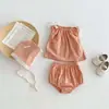INS Estilo Coreano Bebé Verano Delgado Tirante de Lazo Top Pantalones Cortos Turbante Traje Niña Ropa de Algodón Puro