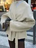 Abrigo Corto de Lana Doble Cara Estilo Francés Perezoso Chic con Cuello en V y Cinturón Cruzado para Mujer en Otoño e Invierno