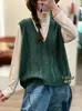 26 Otoño Nuevo Algodón Cuello en V Vintage Cuello Redondo Tejido Abotonado Reductor de Edad Holgado Casual Chaleco para Mujer