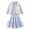 Vestido de tarta de encaje con lazo para niña, conjunto casual coreano elegante, nuevo conjunto de dos piezas para niñas 2026
