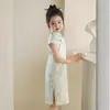 Yunwan Verde Dama Elegante Niñas Estilo Occidental Ajustado Vestido Cheongsam Estilo Retro Pastoral Vestido de Princesa Infantil Nuevo
