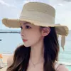 Sombrero Primavera y Verano Moda Femenina Sombrero de Paja Vacaciones en la Costa Sombrero de Playa Borde de Piel Copa Plana Cinta Sombrero de Sol