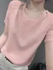 Nuevo top de punto de seda helada de verano, de manga corta, corte holgado, adelgazante, que revela la clavícula, diseño elegante para mujer
