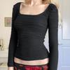 Camiseta feminina europeia e americana de manga comprida, gola quadrada plissada, slim fit, estilo Y2K, sexy, Spice Girl, cintura justa, 3536