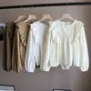 Camisa Elegante de Manga Larga con Volantes para Mujer, Color Sólido, Adelgazante, Antiedad, Estilo Corto, Petite, Puntadas Antiedad, Borde de Oreja