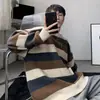 Estilo Japonés Color Bloque Rayas Estilo Perezoso Estilo Hong Kong Cuello Redondo Tejido Holgado Versión Coreana Otoño Invierno Jersey de Lana Retro para Hombre
