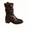 Botas femininas de bico redondo, salto grosso, de cano médio, com design retrô plissado, estilo western, efeito emagrecedor, versáteis para outono e inverno, botas de montaria de cano médio
