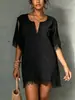 Vestido de Gamuza con Flecos Estilo Europeo y Americano Transfronterizo para Mujer, Verano Cuello en V Hombros Descubiertos Manga Corta Holgado de Longitud Media Estilo Vacacional