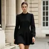 Vestido preto elegante com gola alta de renda transfronteiriço para mulheres, outono de 2026, vestido curto de alta qualidade acinturado em linha A, vestuário feminino