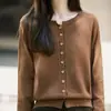 Tricô de Algodão Minimalista Francês com Gola Redonda para Mulheres, Suéter Cardigan Solto Emagrecedor, Peça Básica Versátil para o Dia a Dia