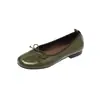 Couro Bovino Rachado Estilo Coreano Comute Laço Outono 2026 Salto Baixo Grosso Bico Redondo Todo Couro Genuíno Boca Rasa Sapatos Individuais Pequenos Femininos