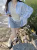 2024 Verão camisa de manga comprida listrada azul proteção solar casaco feminino verão solta casual camisa top emagrecedor